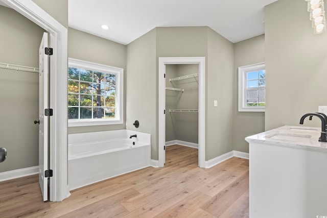 bathroom featuring hardwood / wood-style floors, vanity, a wealth of natural light, and a bathing tub