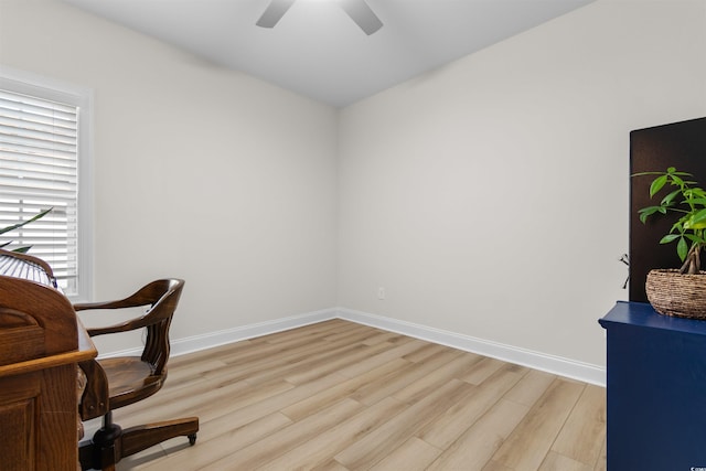 office featuring light wood-type flooring and ceiling fan