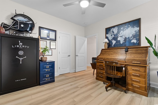 office space featuring light hardwood / wood-style flooring and ceiling fan