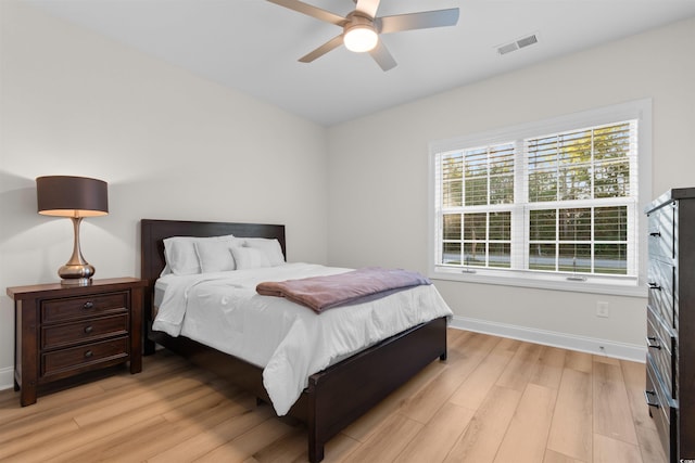 bedroom with ceiling fan and light hardwood / wood-style flooring