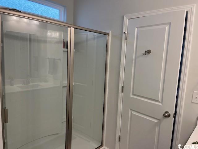 bathroom featuring a shower with shower door