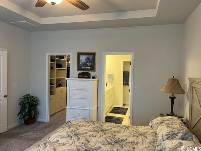 carpeted bedroom with a spacious closet, ceiling fan, ensuite bathroom, a tray ceiling, and a closet