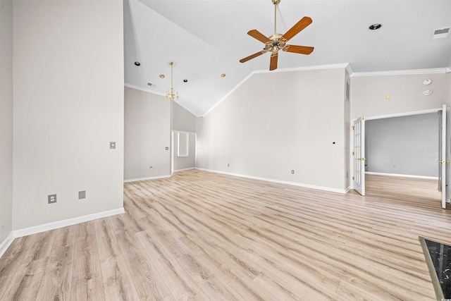 unfurnished living room featuring ceiling fan, crown molding, high vaulted ceiling, and light wood-type flooring