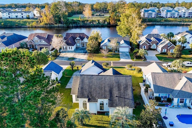 aerial view featuring a water view