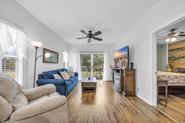 612 River Oaks Dr Unit 55D, Myrtle Beach, SC 29579 - living area featuring ceiling fan, wood-type flooring, and baseboards