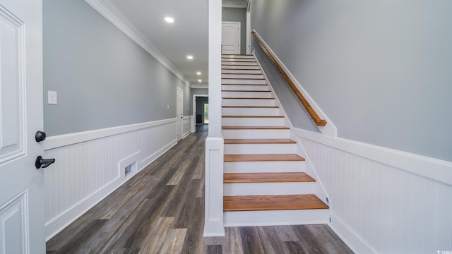 1010 Club House Dr, North Myrtle Beach, SC 29582 - stairs with ornamental molding, wainscoting, recessed lighting, wood finished floors, and a decorative wall