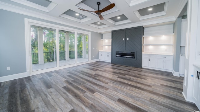 1010 Club House Dr, North Myrtle Beach, SC 29582 - unfurnished living room with a ceiling fan, baseboards, a large fireplace, dark wood finished floors, and ornamental molding