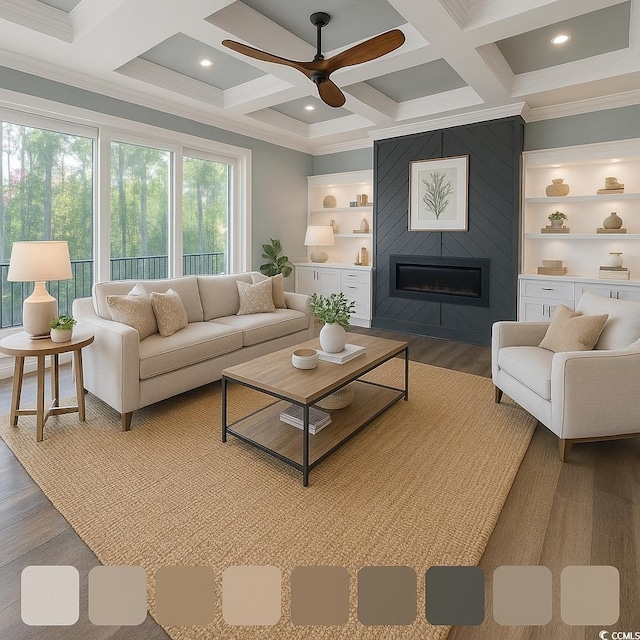 1010 Club House Dr, North Myrtle Beach, SC 29582 - living room with light wood-style floors, coffered ceiling, ornamental molding, ceiling fan, and beam ceiling
