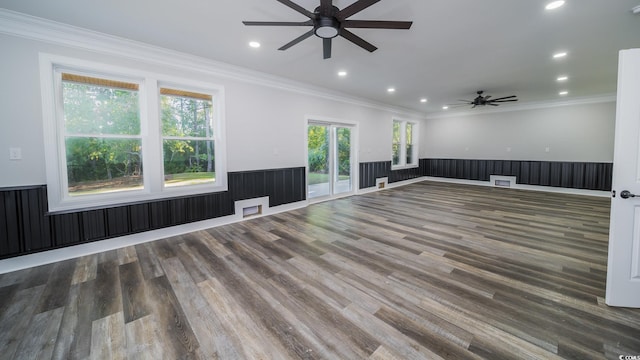 1010 Club House Dr, North Myrtle Beach, SC 29582 - unfurnished living room with a ceiling fan, wainscoting, wood finished floors, ornamental molding, and recessed lighting