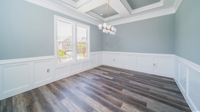 unfurnished dining area featuring ornamental molding, coffered ceiling, dark wood-type flooring, beam ceiling, and a notable chandelier