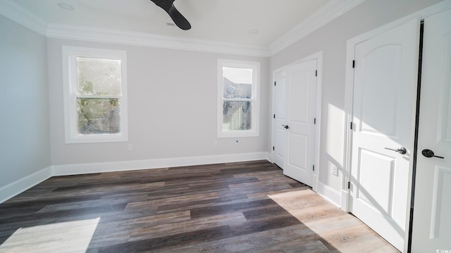 interior space featuring ceiling fan, crown molding, and dark hardwood / wood-style floors