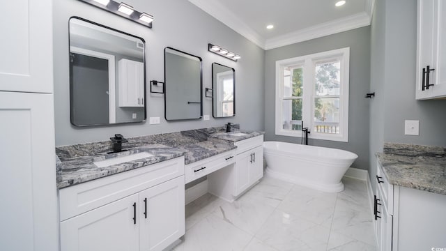 1010 Club House Dr, North Myrtle Beach, SC 29582 - full bath with double vanity, a freestanding bath, ornamental molding, recessed lighting, and marble finish flooring