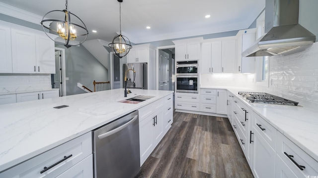 1010 Club House Dr, North Myrtle Beach, SC 29582 - kitchen with wall chimney range hood, appliances with stainless steel finishes, a chandelier, backsplash, and dark wood finished floors