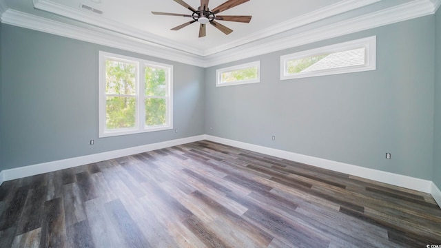 unfurnished room with dark hardwood / wood-style flooring, ceiling fan, and ornamental molding