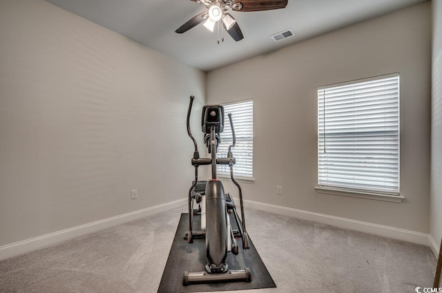 workout area featuring carpet and ceiling fan