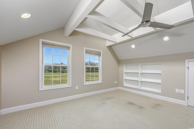 bonus room with baseboards, built in features, light colored carpet, ceiling fan, and vaulted ceiling with beams