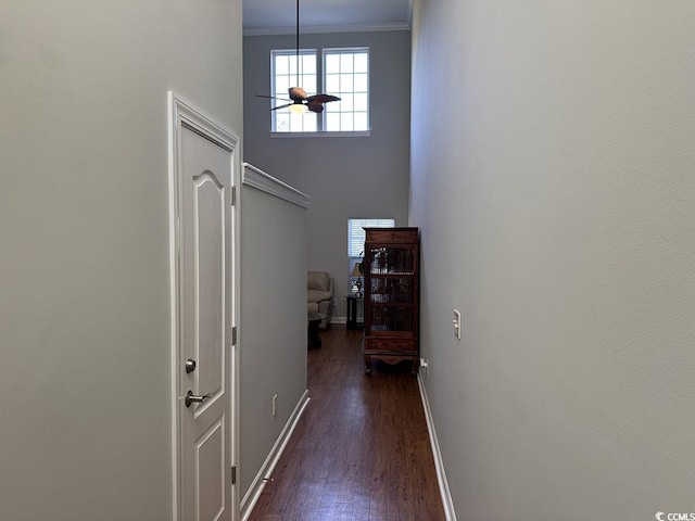 corridor with crown molding, dark wood-type flooring, a towering ceiling, and baseboards