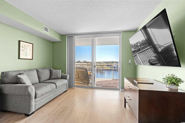 2151 Bridge View Ct Unit 2502, North Myrtle Beach, SC 29582 - living area featuring light wood-style floors, a textured ceiling, and a wall of windows