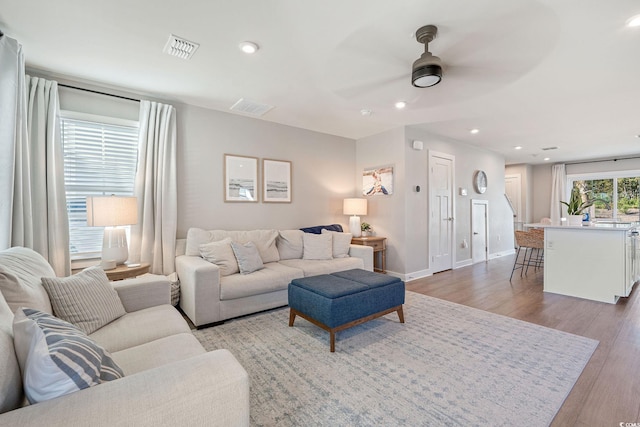 living room with ceiling fan and light hardwood / wood-style flooring