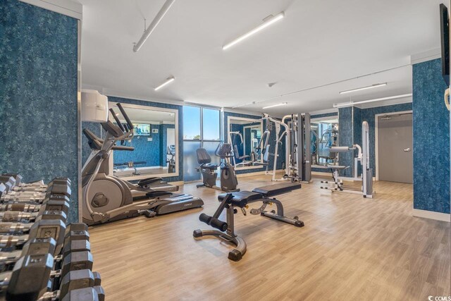 gym with wood-type flooring