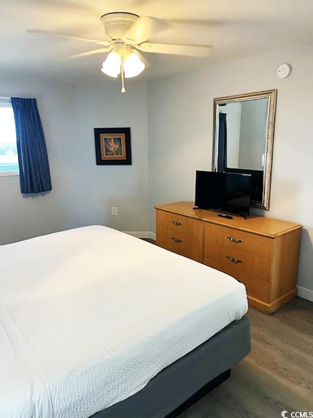 bedroom featuring ceiling fan and dark hardwood / wood-style flooring