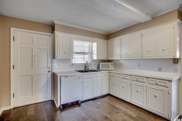 kitchen featuring white cabinets, white appliances, dark wood-type flooring, and sink