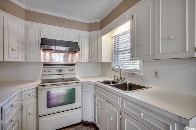 kitchen with ornamental molding, a textured ceiling, sink, white cabinets, and white electric range