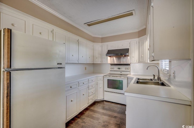 kitchen featuring white cabinetry, sink, white range with electric cooktop, stainless steel fridge, and crown molding