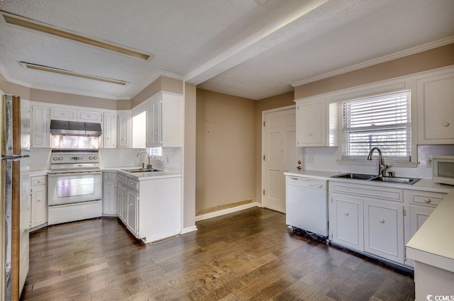 kitchen featuring white cabinetry, sink, dark wood-type flooring, and white appliances