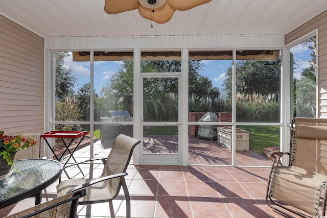 sunroom with ceiling fan and wood ceiling