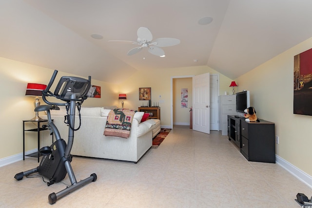 exercise area with ceiling fan and lofted ceiling