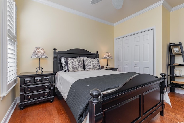 bedroom featuring ceiling fan, crown molding, dark wood-type flooring, and a closet