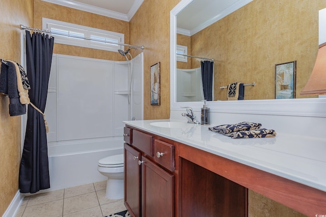 full bathroom featuring vanity, tile patterned flooring, toilet, ornamental molding, and shower / tub combo