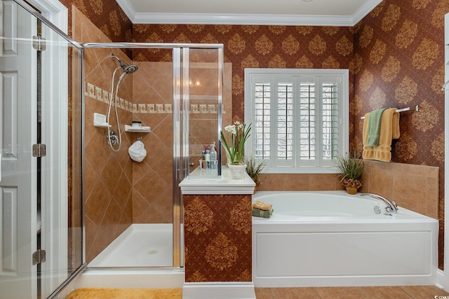 bathroom featuring plus walk in shower, tile patterned floors, and crown molding