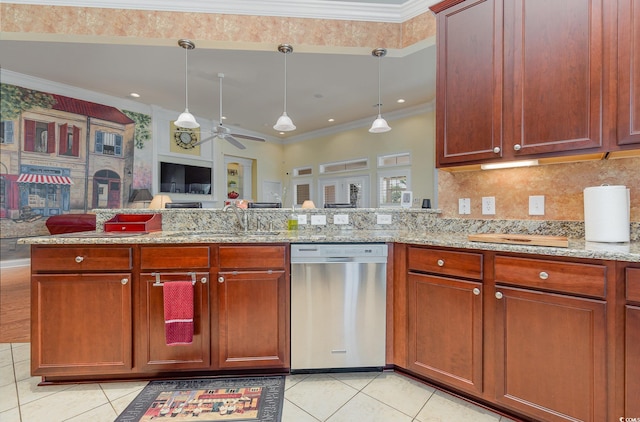 kitchen featuring stainless steel dishwasher, crown molding, and hanging light fixtures