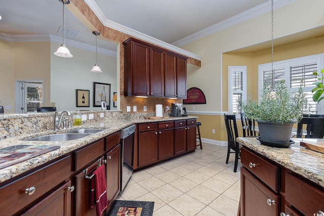 kitchen with sink, light stone counters, and crown molding