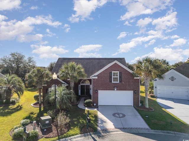 front facade featuring a front yard and a garage