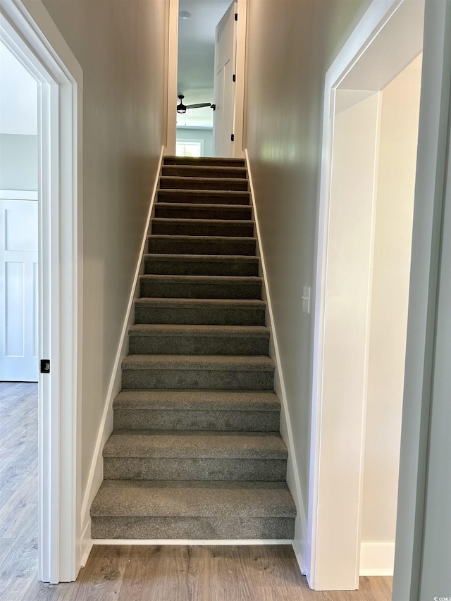 stairway featuring baseboards, a ceiling fan, and wood finished floors