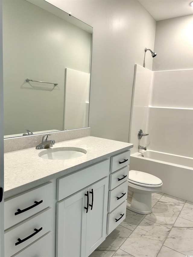 bathroom with toilet, shower / bathing tub combination, marble finish floor, and vanity