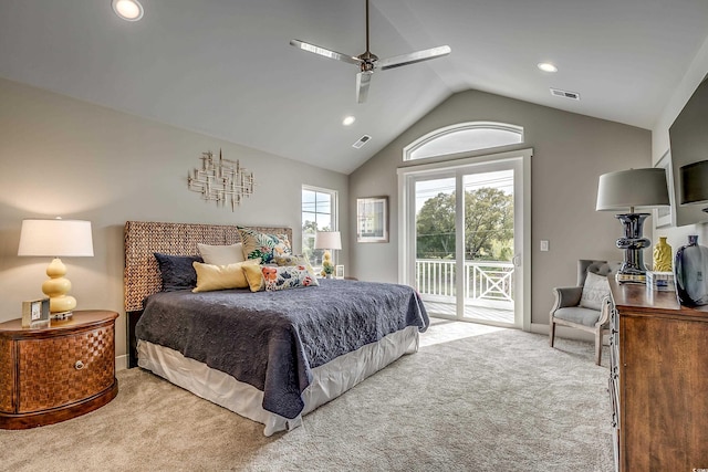 bedroom with access to exterior, light colored carpet, vaulted ceiling, and ceiling fan