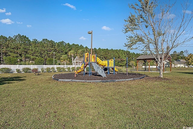 view of play area with a gazebo and a yard