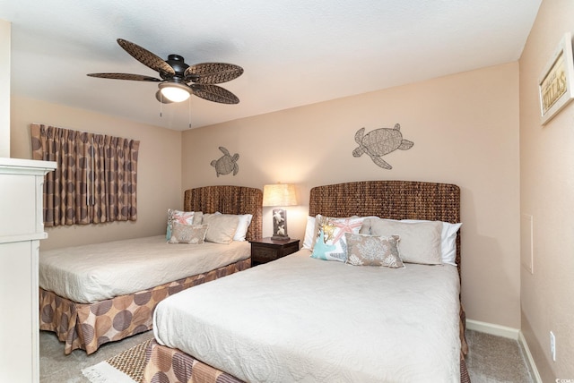 bedroom with light colored carpet and ceiling fan