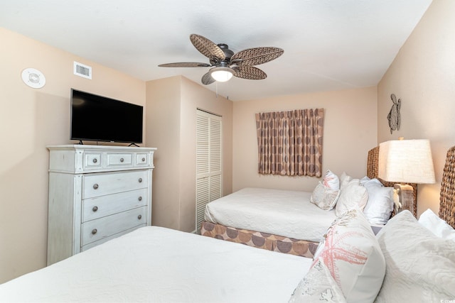 bedroom with ceiling fan and a closet