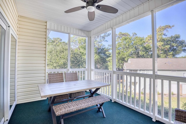 sunroom featuring ceiling fan and wooden ceiling