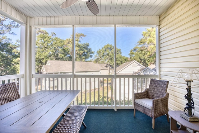 sunroom featuring ceiling fan and wooden ceiling