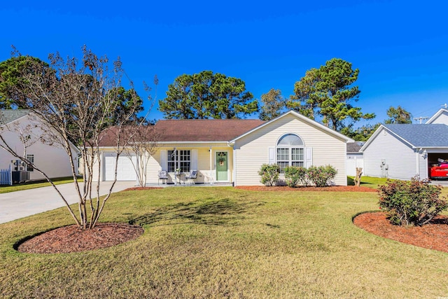 ranch-style home with a porch, cooling unit, a garage, and a front lawn