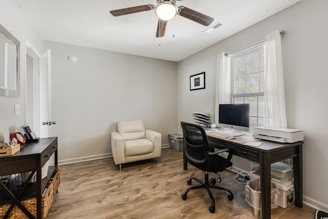 office space featuring ceiling fan, a textured ceiling, and light hardwood / wood-style flooring