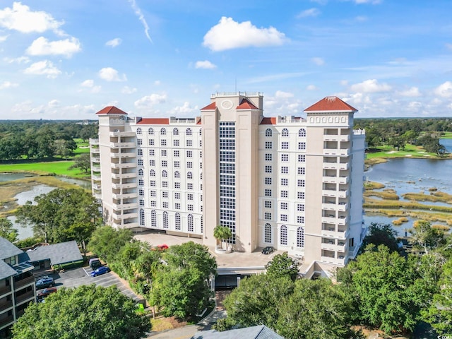 view of building exterior with a water view