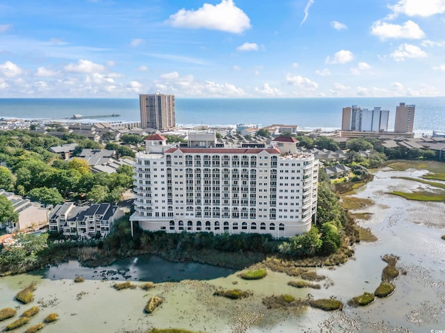 drone / aerial view with a water view