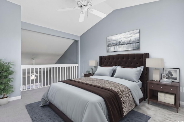 bedroom featuring light carpet, vaulted ceiling, baseboards, and ceiling fan